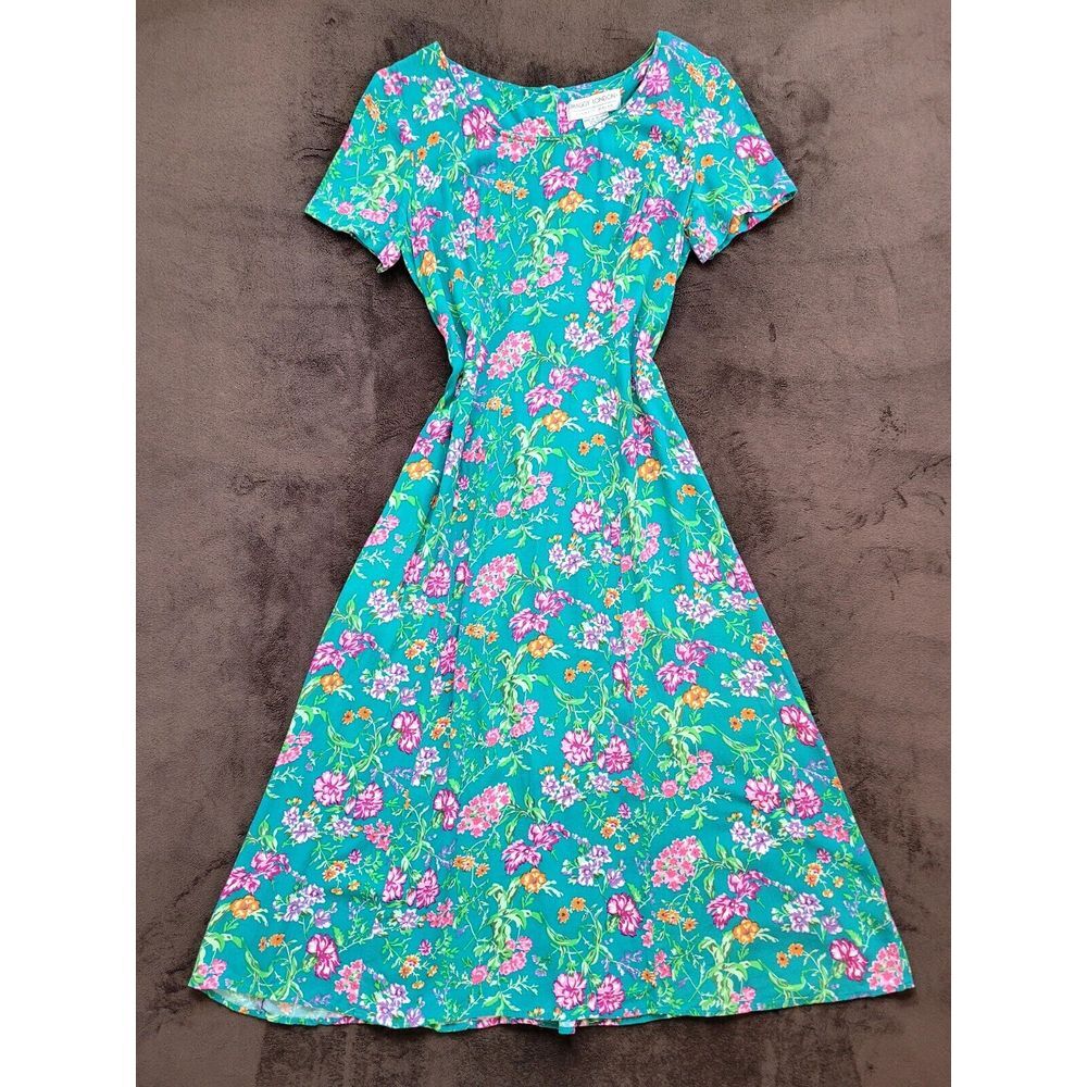 Vintage 80s 90s‎ Maggy London Size 8 Bright Teal Floral Dress Midi